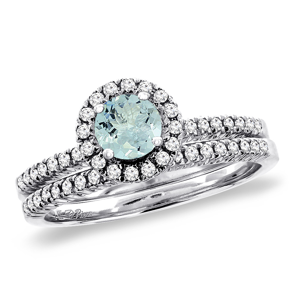 14K White Gold Diamond Natural Aquamarine 2pc Halo Engagement Ring Set Round 4 mm, size5-10