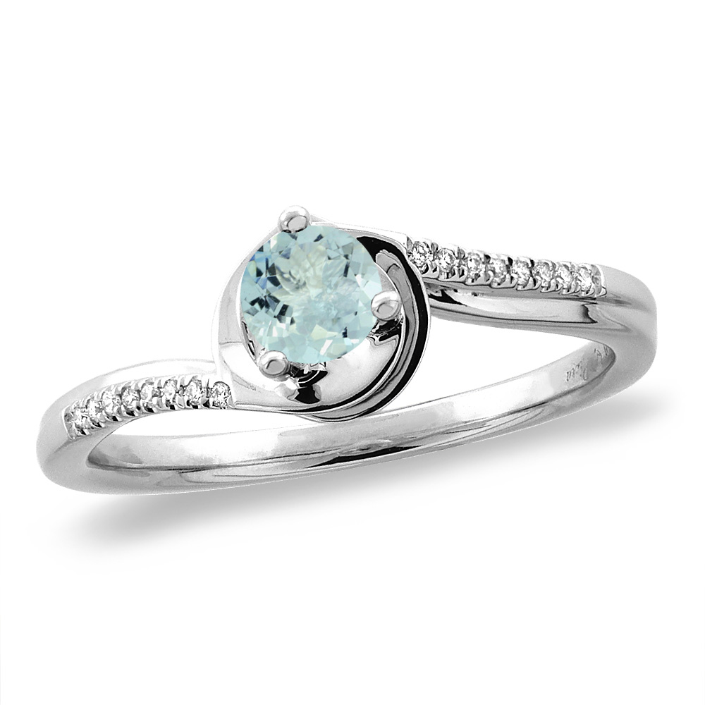 14K White/Yellow Gold Diamond Natural Aquamarine Bypass Engagement Ring Round 4 mm, sizes 5 -10