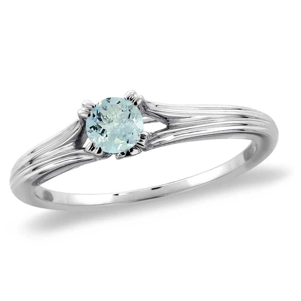 14K White Gold Diamond Natural Aquamarine Solitaire Engagement Ring Round 4 mm, sizes 5 -10