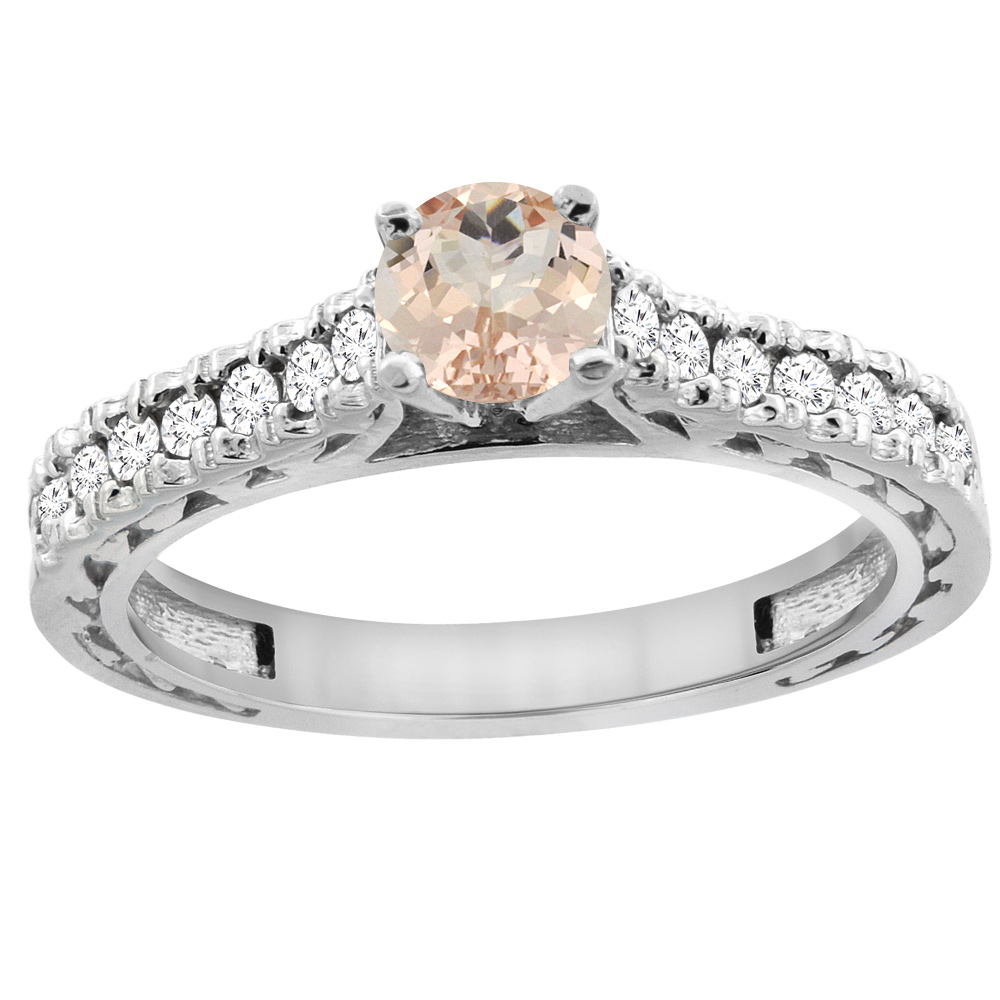14K White Gold Natural Morganite Round 5mm Engraved Engagement Ring Diamond Accents, sizes 5 - 10