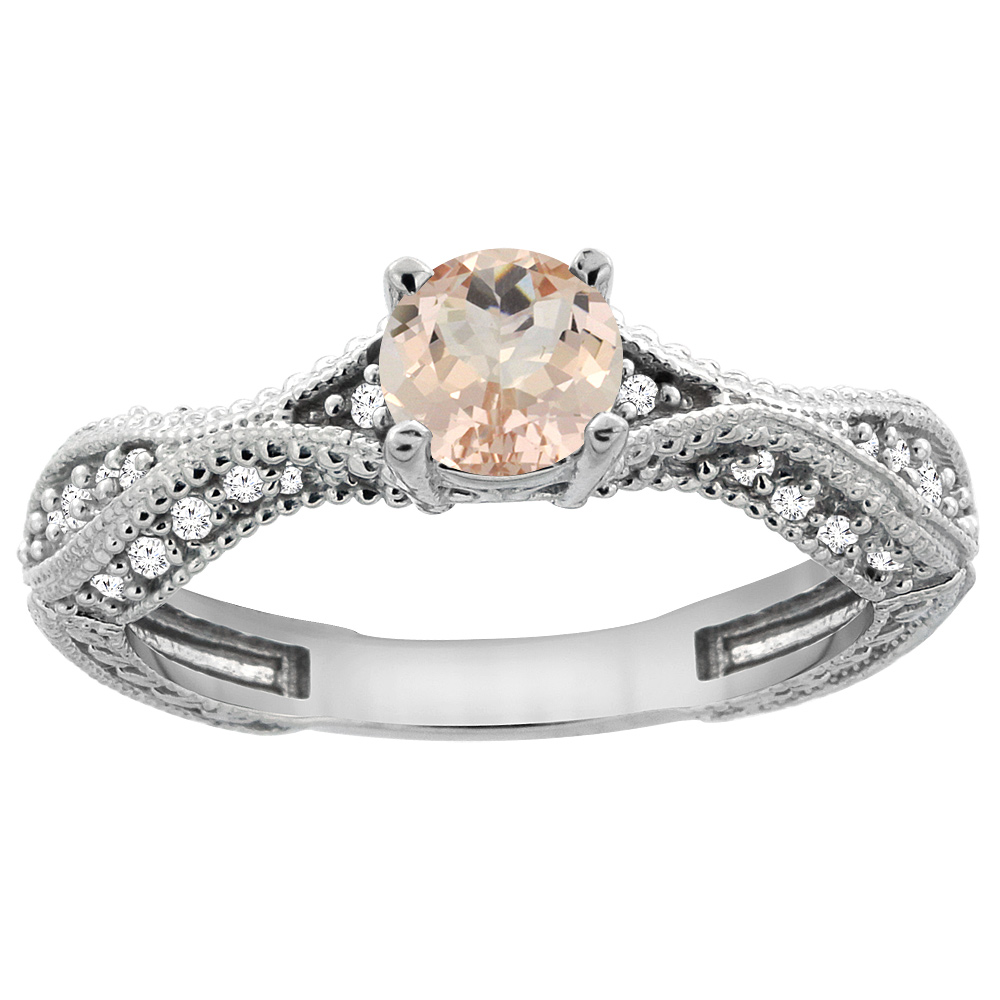 14K White Gold Natural Morganite Round 5mm Engraved Engagement Ring Diamond Accents, sizes 5 - 10
