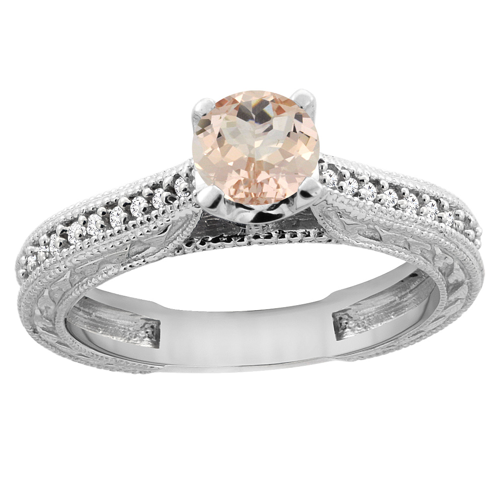 14K White Gold Natural Morganite Round 5mm Engraved Engagement Ring Diamond Accents, sizes 5 - 10