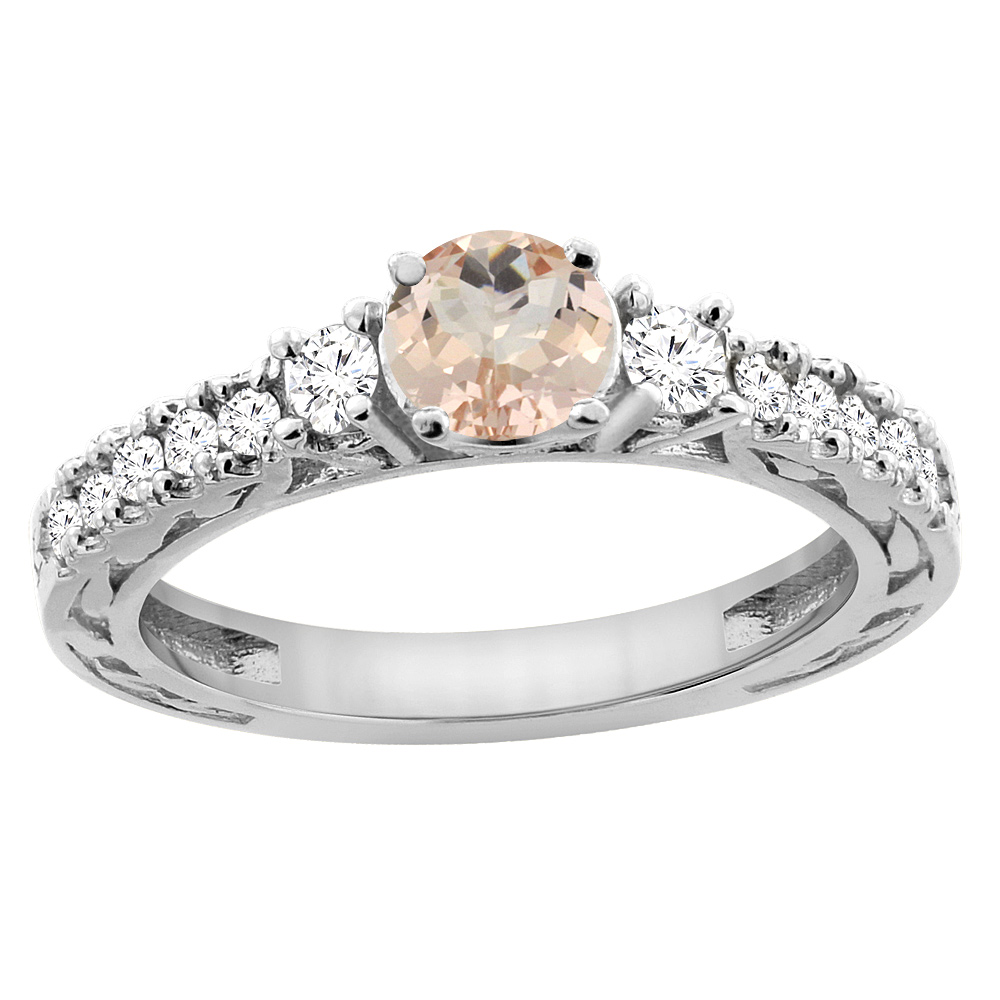 14K White Gold Natural Morganite Round 6mm Engraved Engagement Ring Diamond Accents, sizes 5 - 10