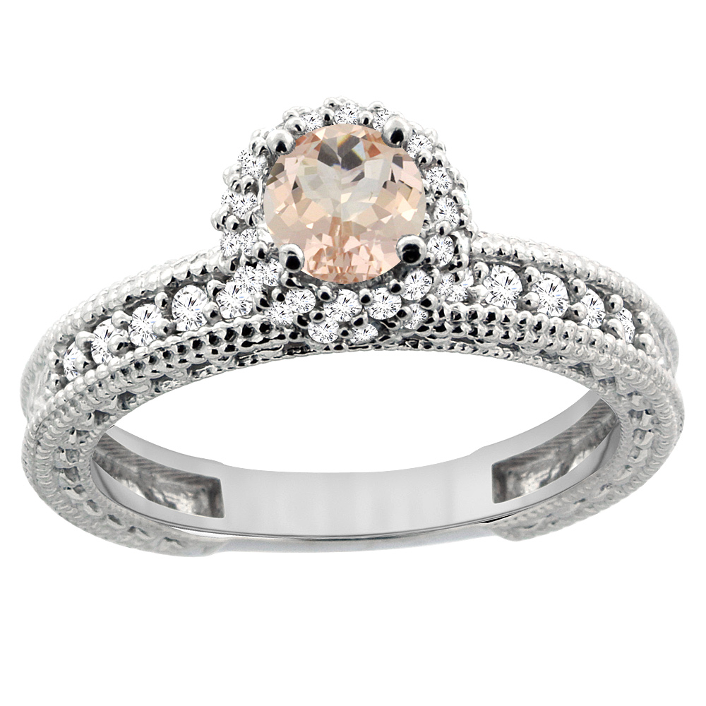 14K White Gold Natural Morganite Round 5mm Engagement Ring Diamond Accents, sizes 5 - 10