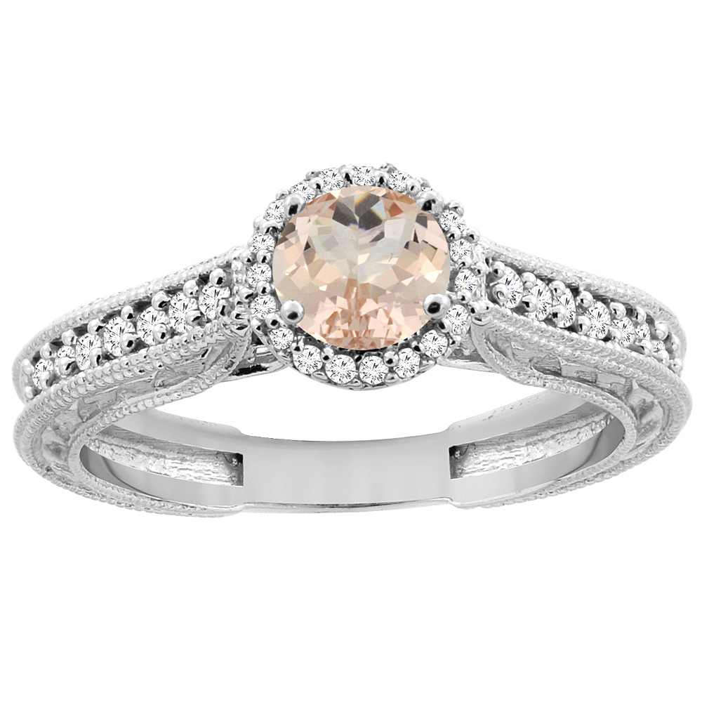 14K White Gold Natural Morganite Round 5mm Engraved Engagement Ring Diamond Accents, sizes 5 - 10