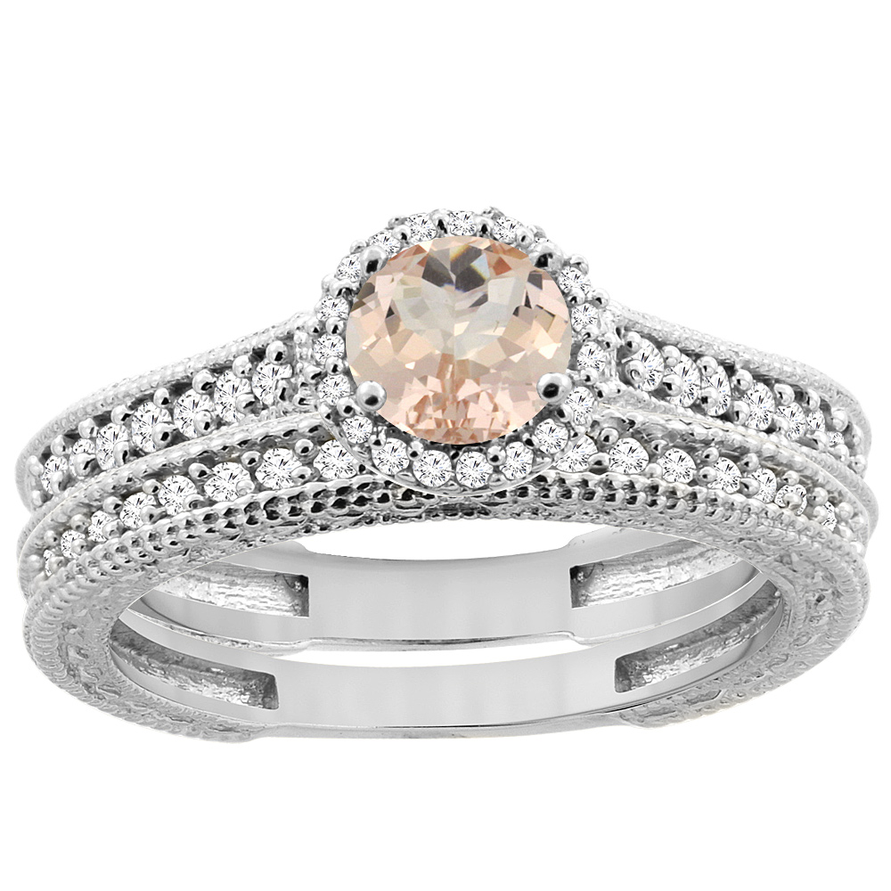 14K White Gold Natural Morganite Round 5mm Engagement Ring 2-piece Set Diamond Accents, sizes 5 - 10