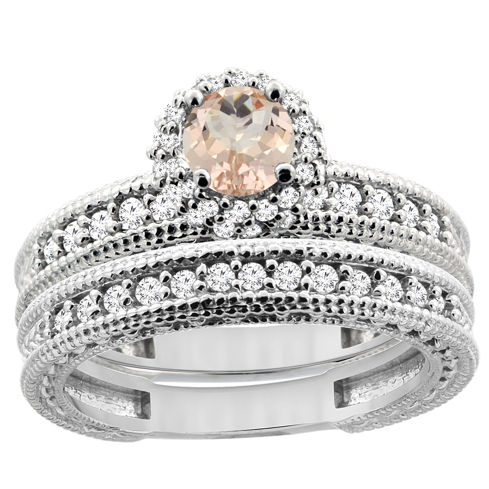14K White Gold Diamond Natural Morganite Round 4mm Engagement Ring 2-piece Set, sizes 5 - 10