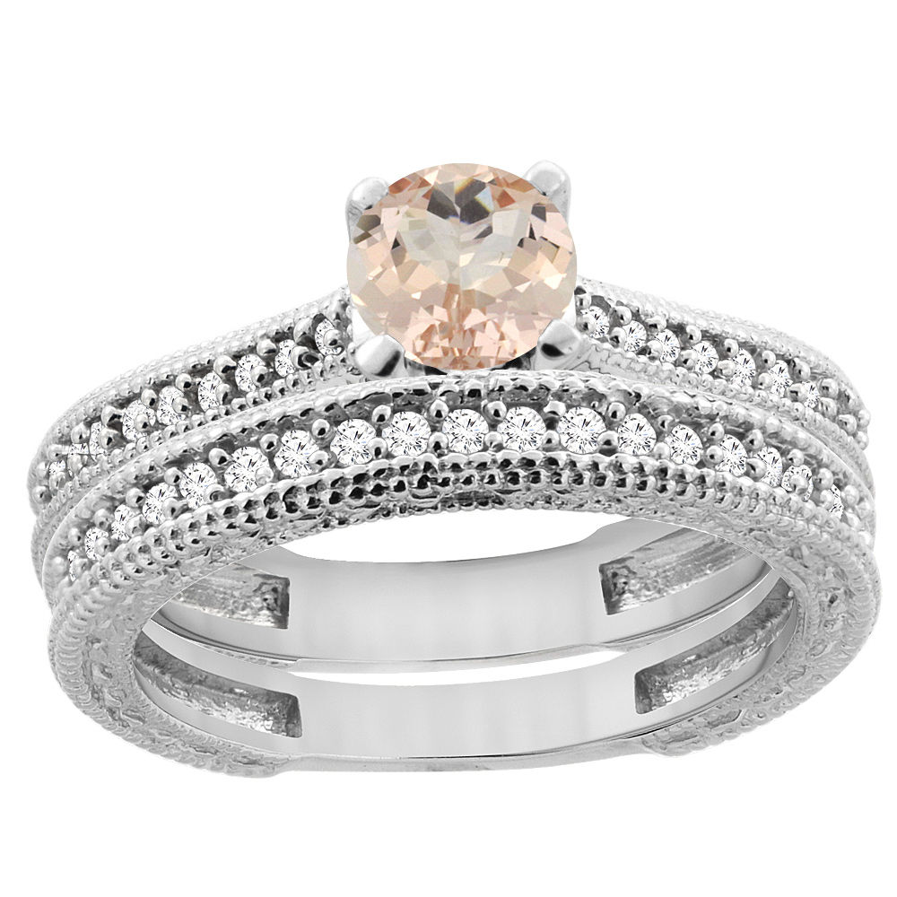 14K White Gold Natural Morganite Round 5mm Engraved Engagement Ring 2-piece Set Diamond Accents, sizes 5 - 10