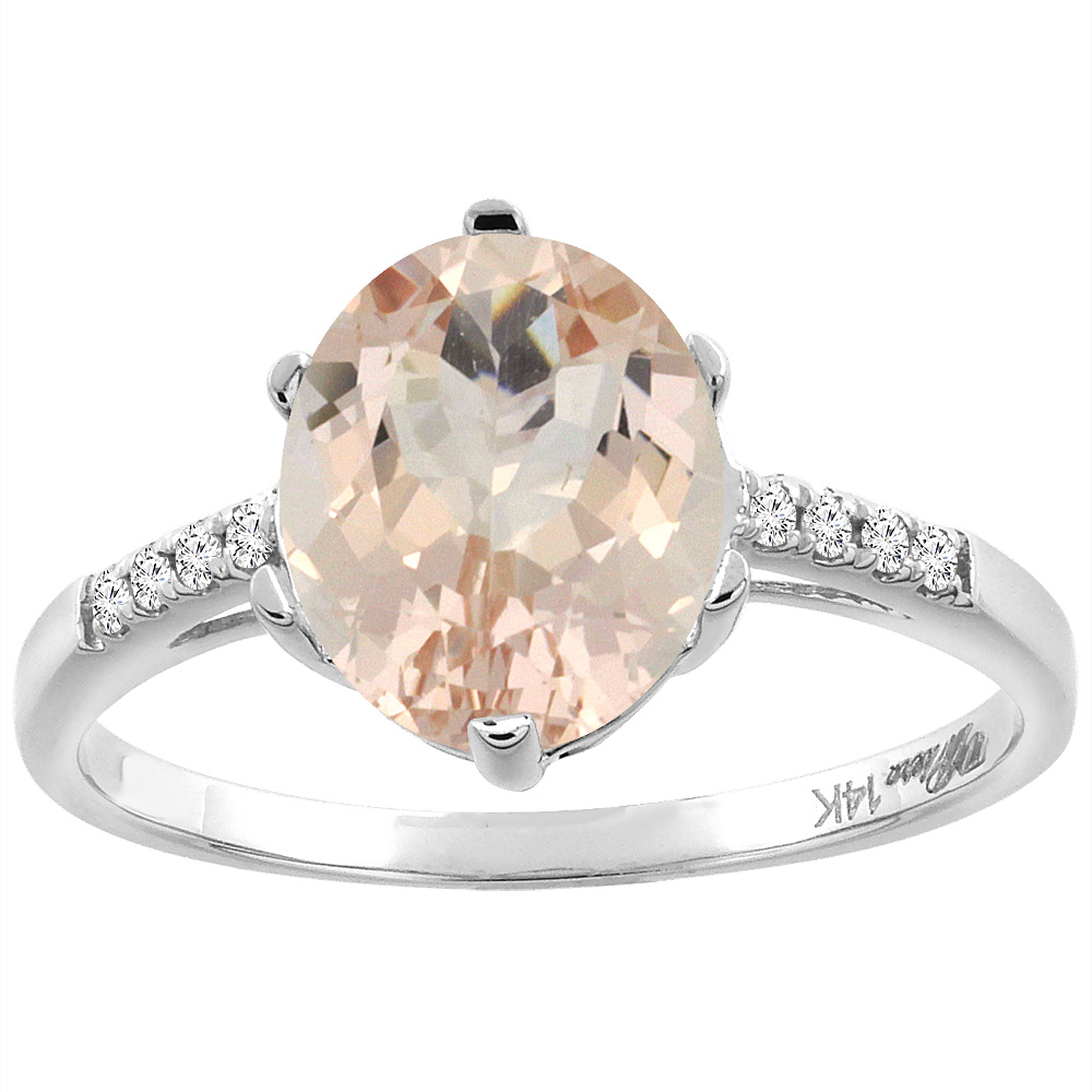 14K White Gold Natural Morganite & Diamond Ring Oval 10x8 mm, sizes 5-10