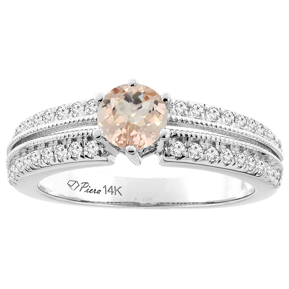 14K White Gold Natural Morganite & Diamond Ring Round 6 mm, sizes 5-10