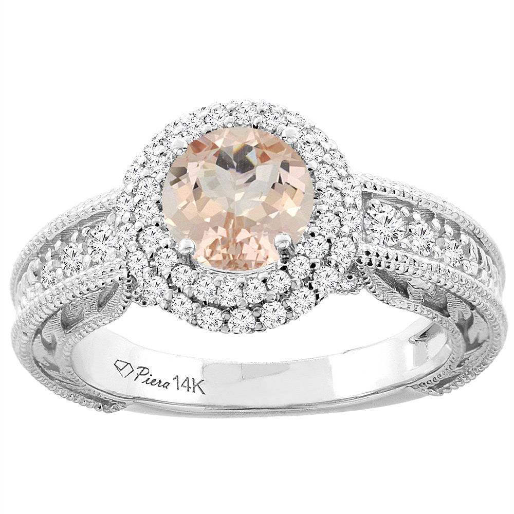 14K Yellow Gold Natural Morganite &amp; Diamond Halo Ring Round 6 mm, sizes 5-10