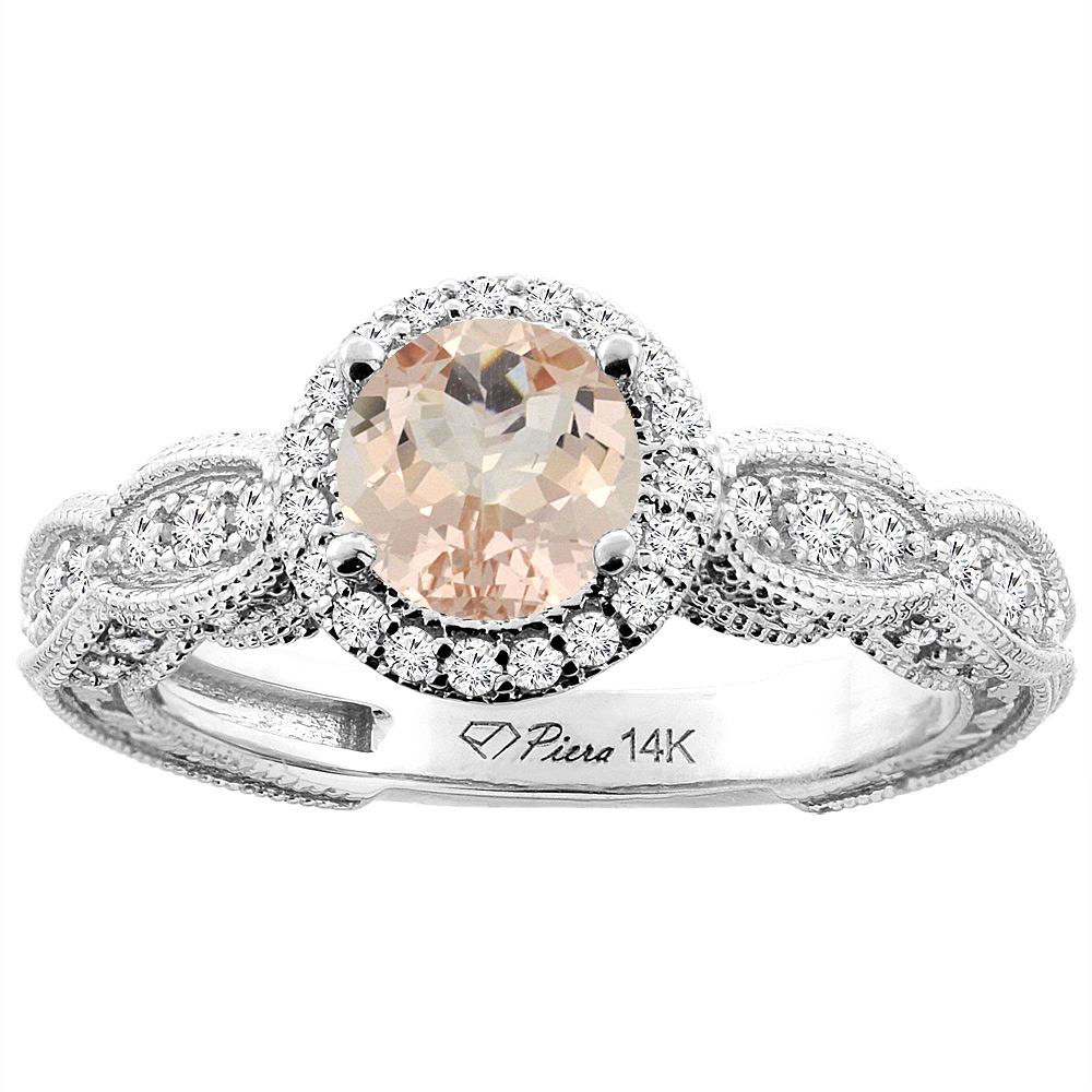 14K White Gold Natural Morganite & Diamond Halo Ring Round 6 mm, sizes 5-10