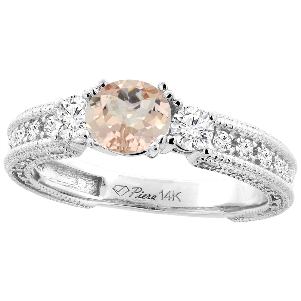 14K White Gold Natural Morganite & Diamond Ring Round 6 mm, sizes 5-10