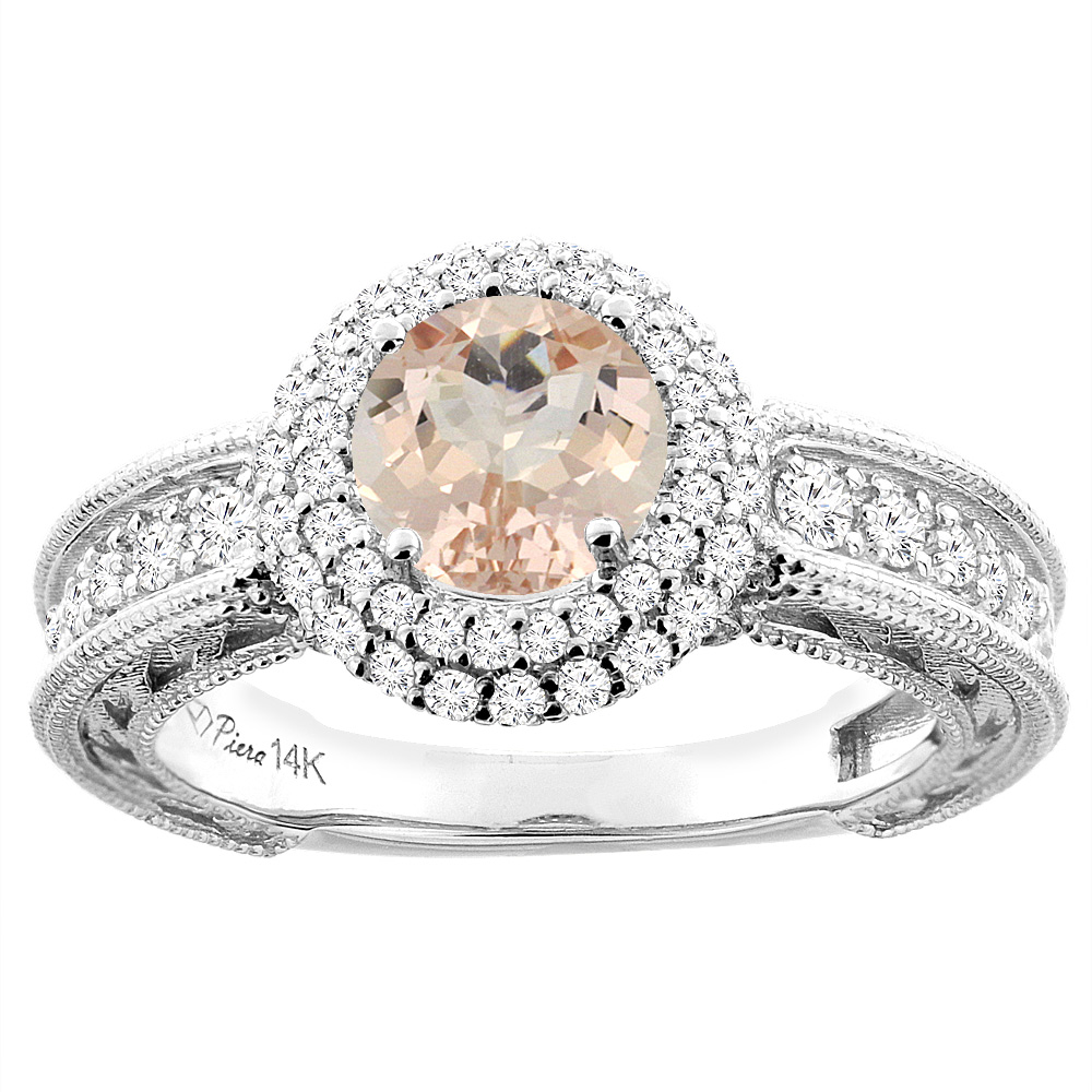 14K White Gold Natural Morganite & Diamond Halo Ring Round 6 mm, sizes 5-10