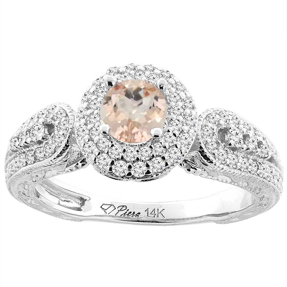 14K White Gold Natural Morganite & Diamond Halo Ring Round 5 mm, sizes 5-10