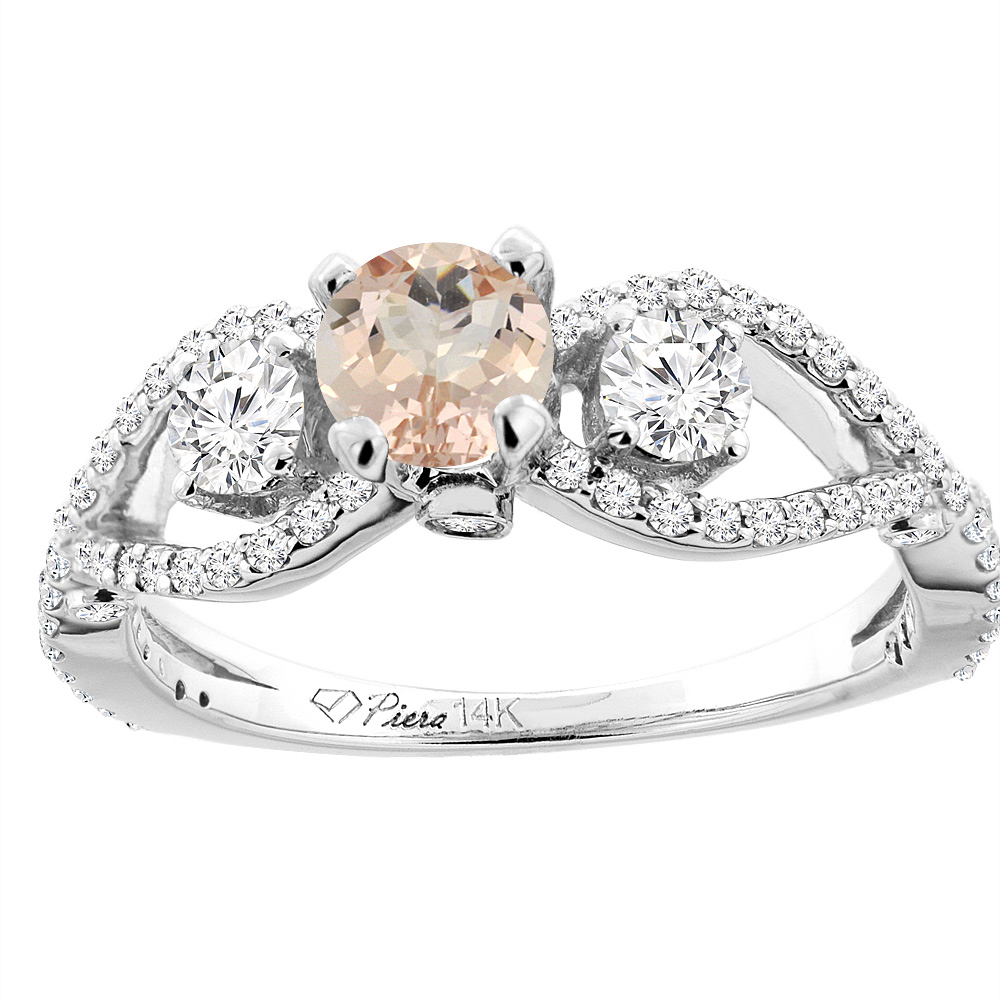 14K White Gold Natural Morganite &amp; Diamond Ring Round 6 mm, sizes 5-10