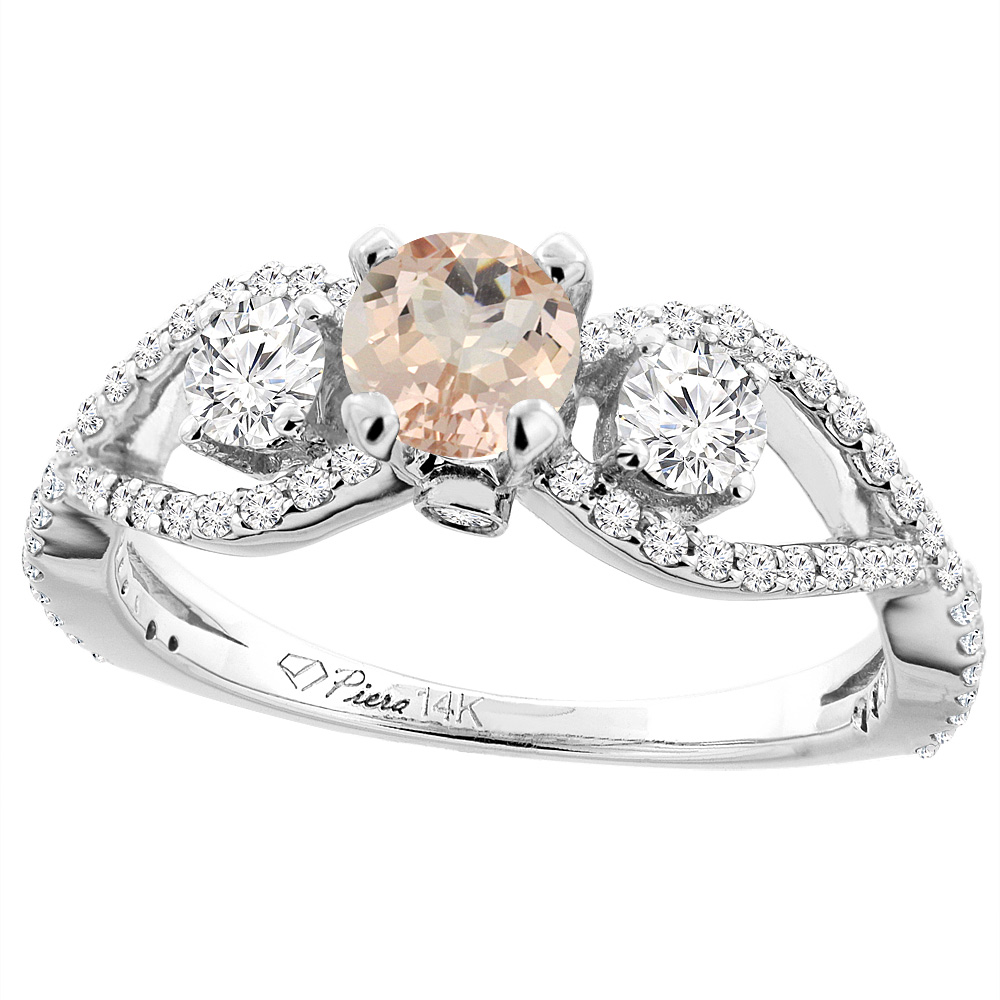 14K White Gold Natural Morganite & Diamond Ring Round 6 mm, sizes 5-10