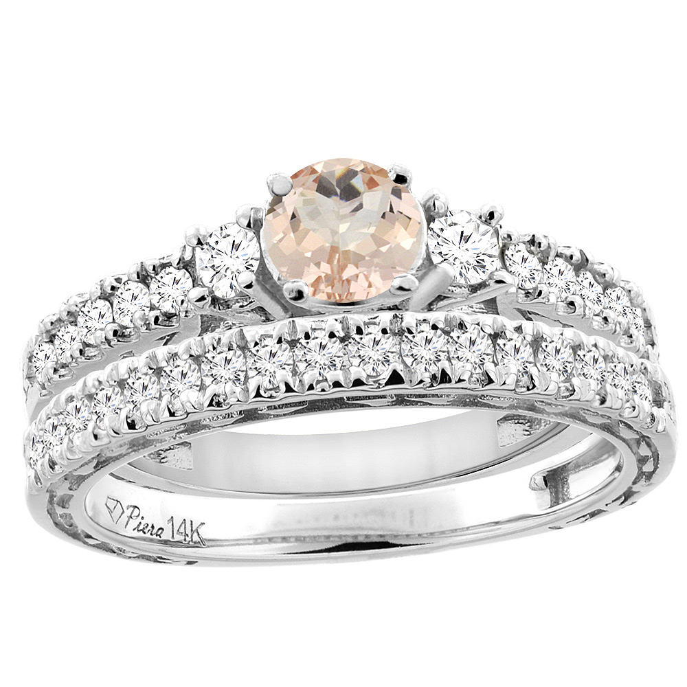 14K Yellow Gold Diamond Natural Morganite Engagement 2-pc Ring Set Engraved Round 6 mm, sizes 5 - 10