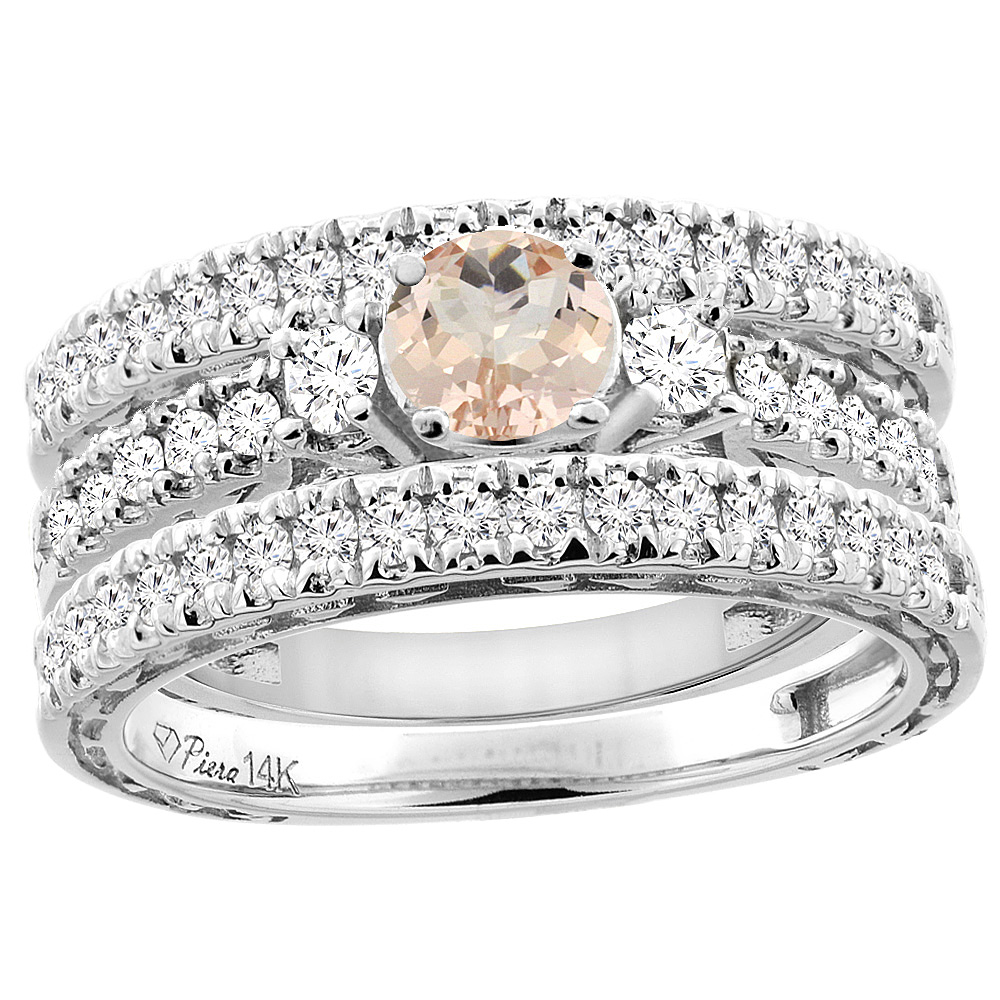 14K White Gold Diamond Natural Morganite Engagement 3-pc Ring Set Engraved Round 6 mm, sizes 5 - 10