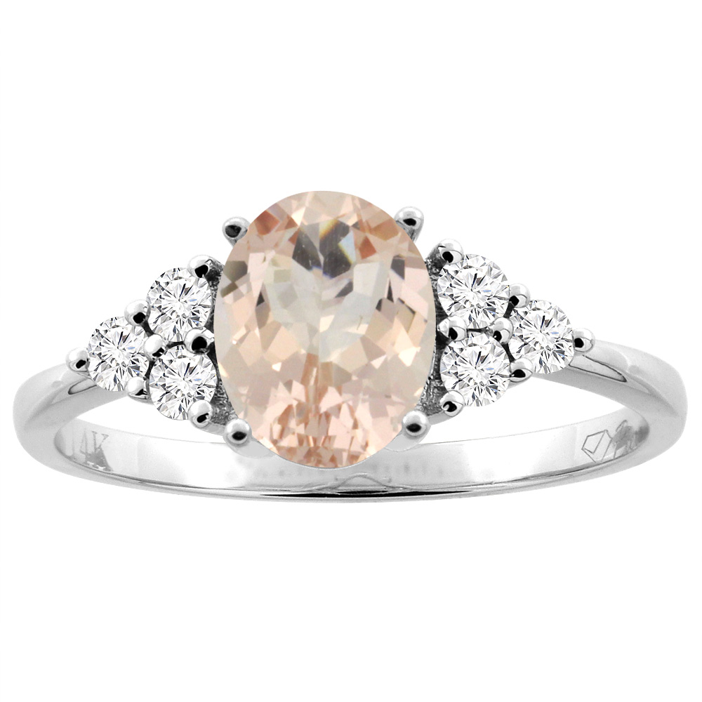 14K Gold Natural Morganite Ring Oval 8x6 mm Diamond Accents, sizes 5 - 10