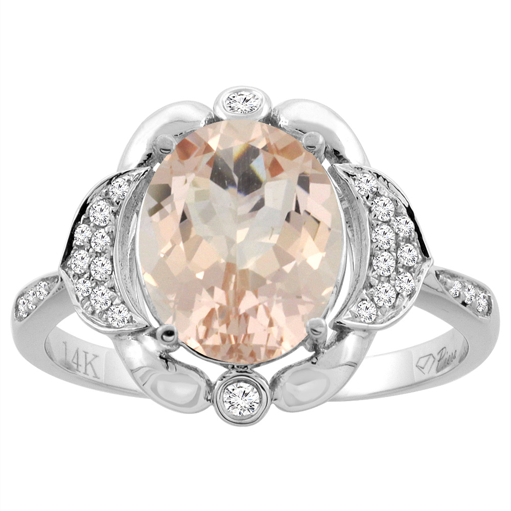 14K White Gold Diamond Natural Morganite Engagement Ring Oval 10x8mm, sizes 5-10