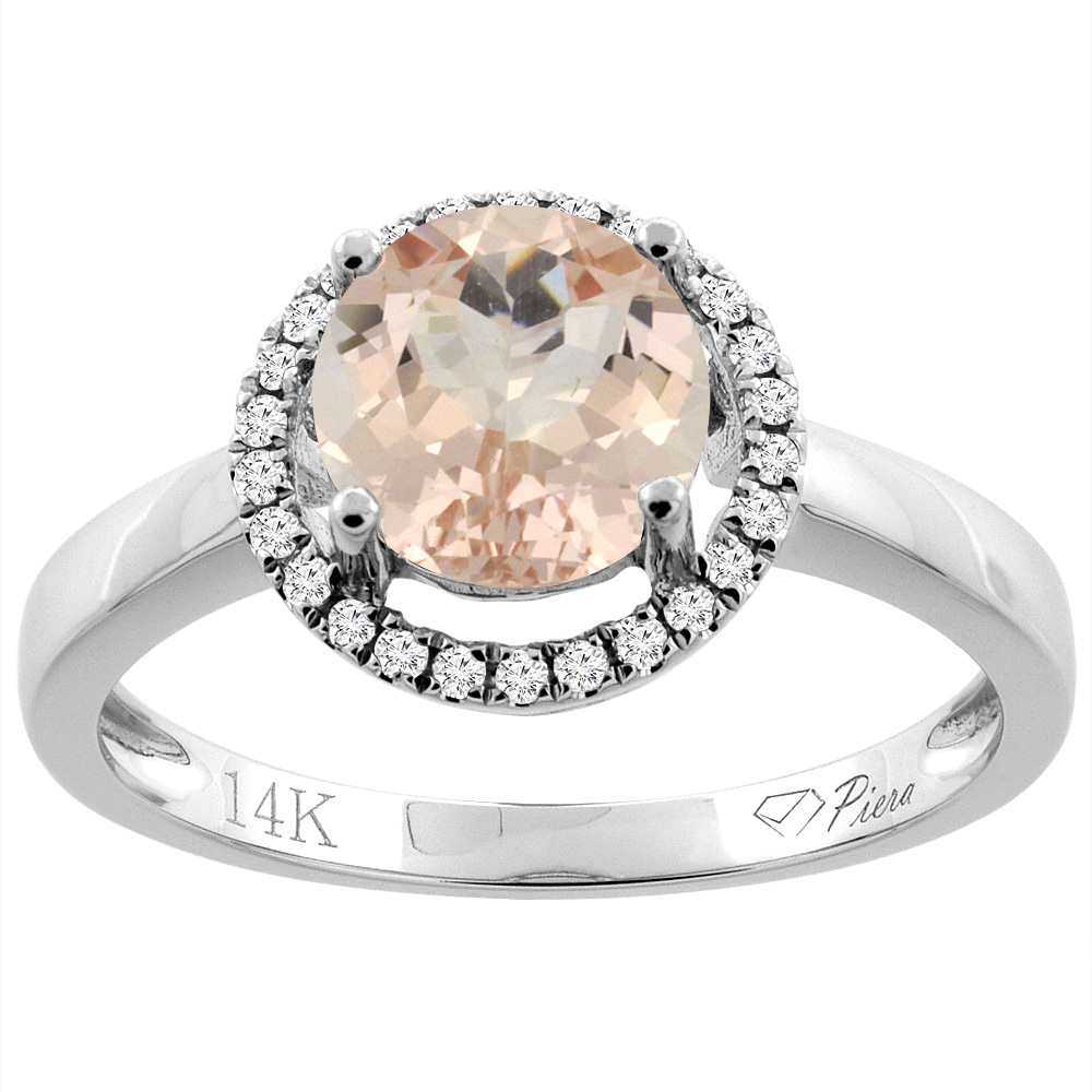 14K Gold Natural Morganite Ring Round 7 mm Diamond Accents, sizes 5 - 10