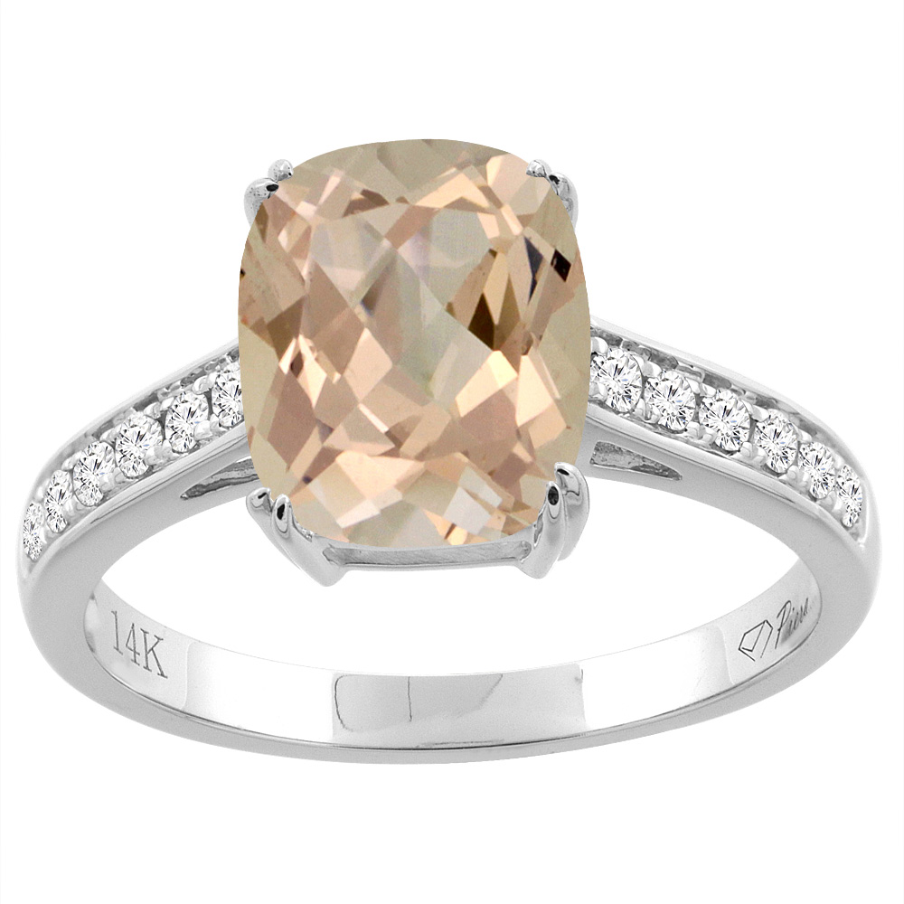 14K Gold Natural Morganite Ring Cushion Cut 9x7 mm Diamond Accents, sizes 5 - 10