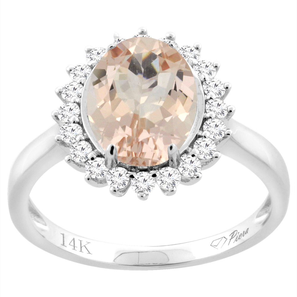 14K White Gold Diamond Natural Morganite Engagement Ring Oval 10x8mm, sizes 5-10