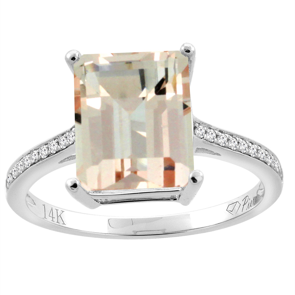 14K Gold Natural Morganite Ring Octagon 10x8 mm Diamond Accents, sizes 5 - 10