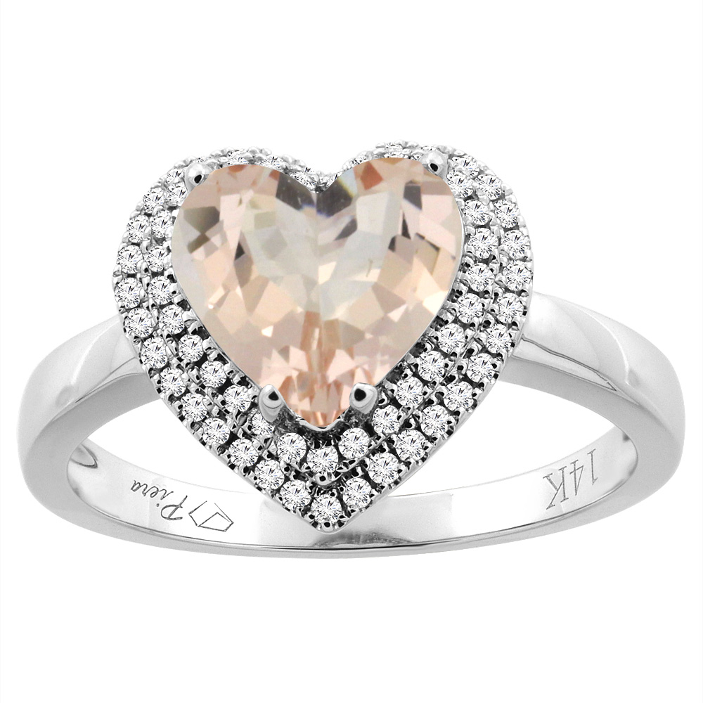 14K Gold Natural Morganite Ring Heart Shape 8 mm Diamond Accents, sizes 5 - 10