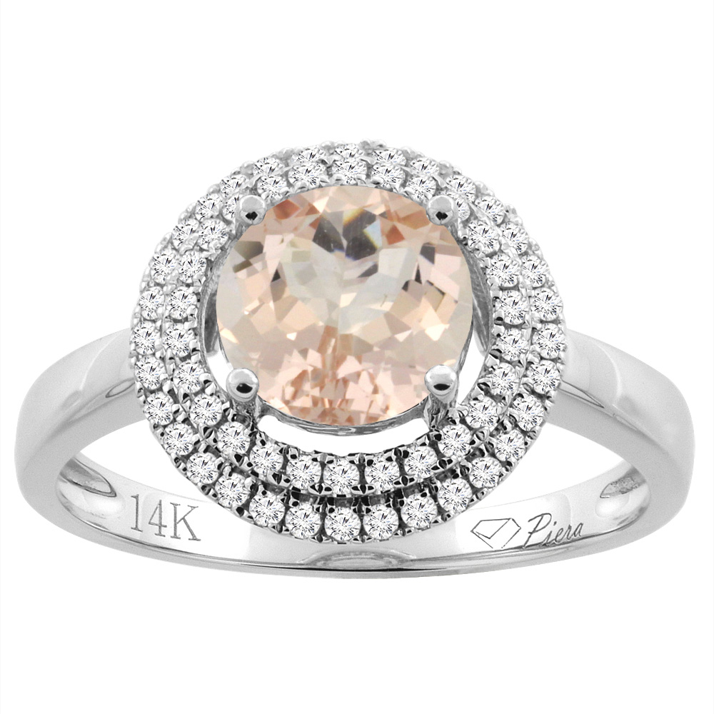 14K Gold Natural Morganite Ring Round 7 mm Double Halo Diamond Accents, sizes 5 - 10