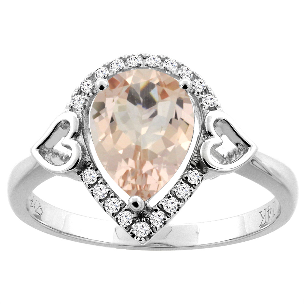 14K Gold Natural Morganite Ring Pear Shape 9x7 mm Diamond Accents, sizes 5 - 10