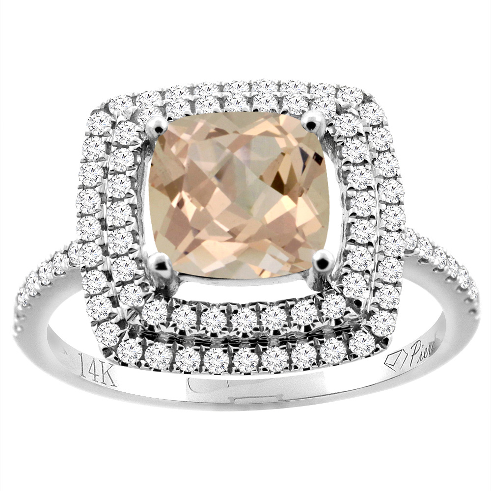14K Gold Natural Morganite Ring Cushion Cut 7x7 mm Double Halo Diamond Accents, sizes 5 - 10