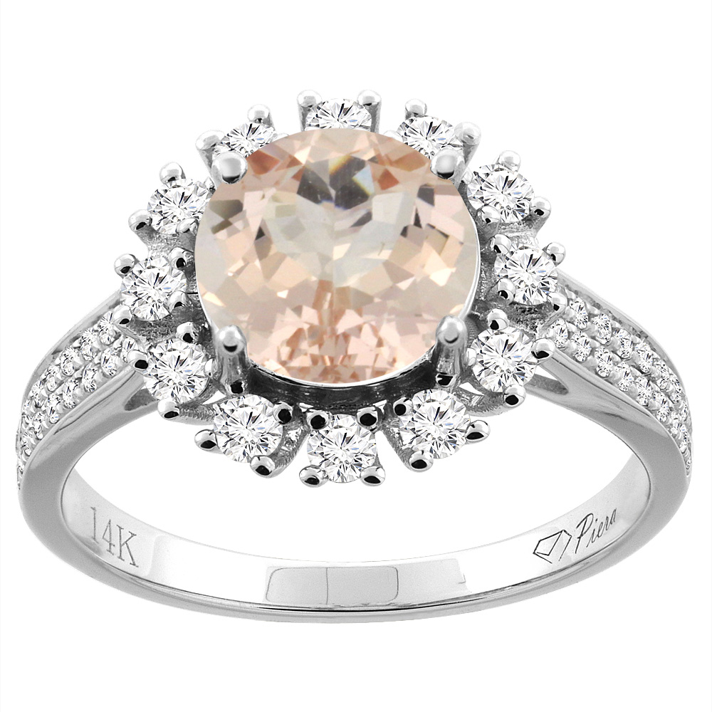 14K Gold Natural Morganite Ring Round 8 mm Diamond Accents, sizes 5 - 10