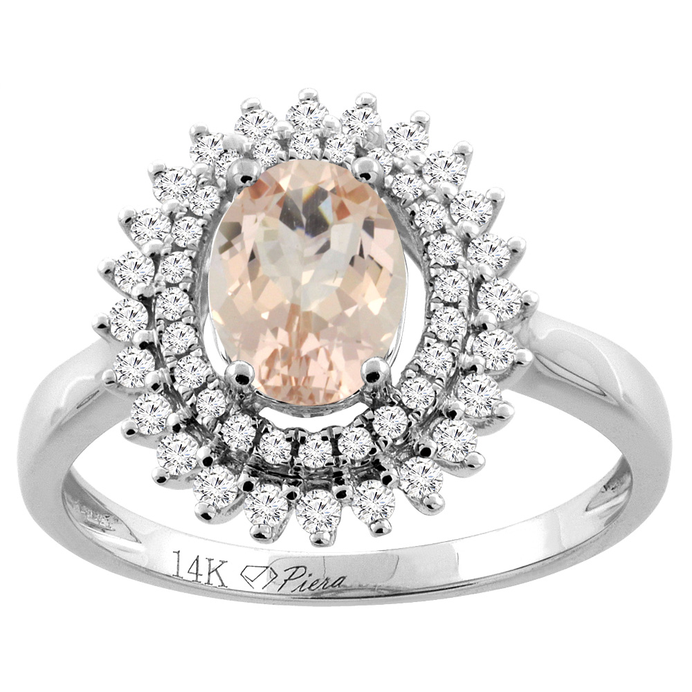 14K Gold Natural Morganite Ring Oval 8x6 mm Double Halo Diamond Accents, sizes 5 - 10