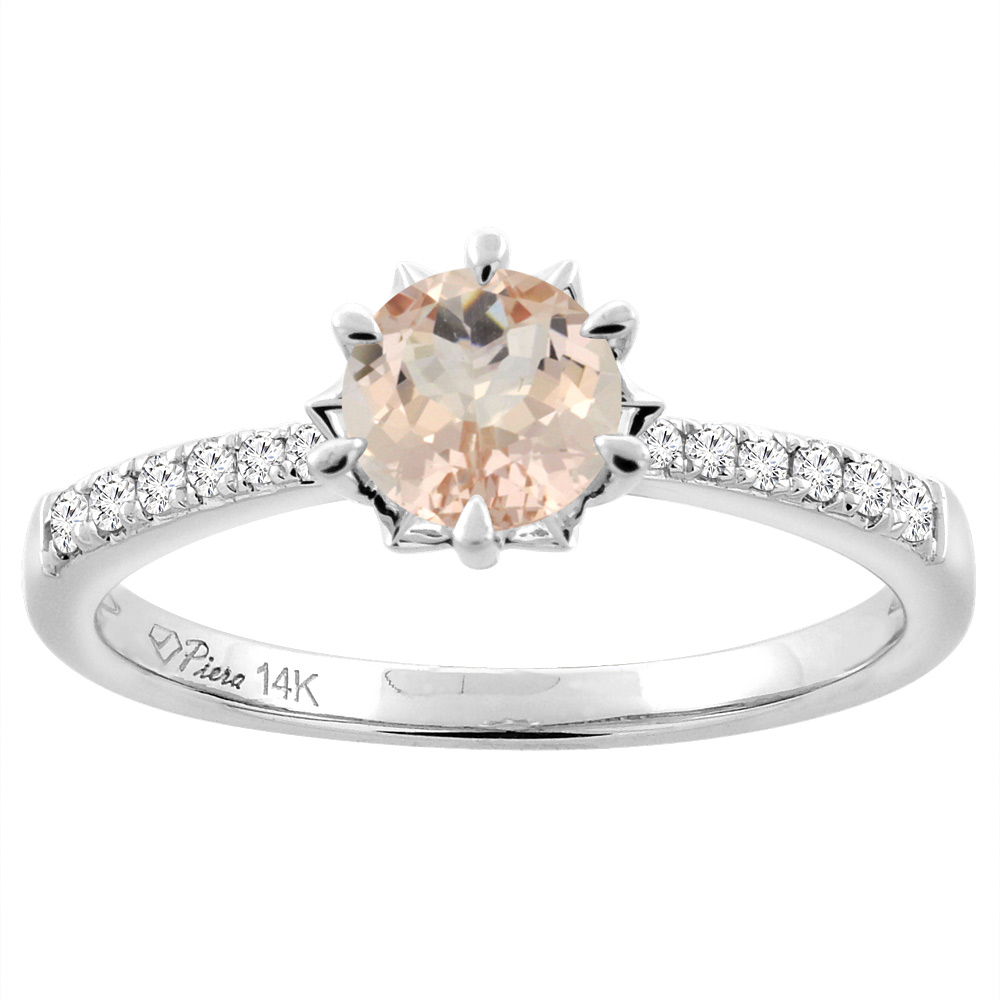 14K White Gold Natural Morganite Engagement Ring Round 6 mm & Diamond Accents, sizes 5 - 10