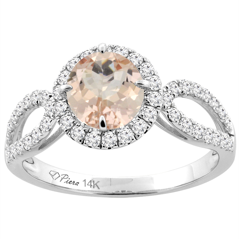 14K White Gold Natural Morganite Engagement Halo Ring Round 6 mm &amp; Diamond Accents, sizes 5 - 10