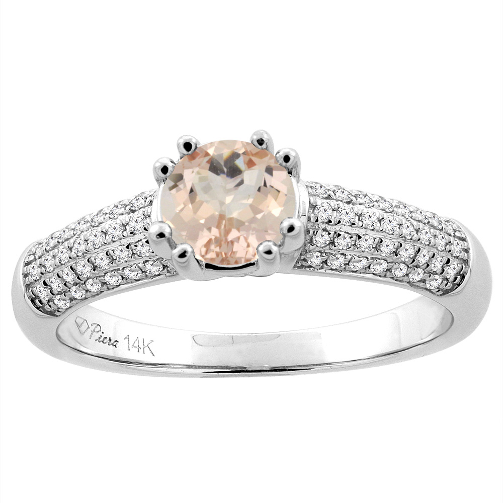 14K White Gold Natural Morganite Engagement Ring Round 6 mm & Diamond Accents, sizes 5 - 10