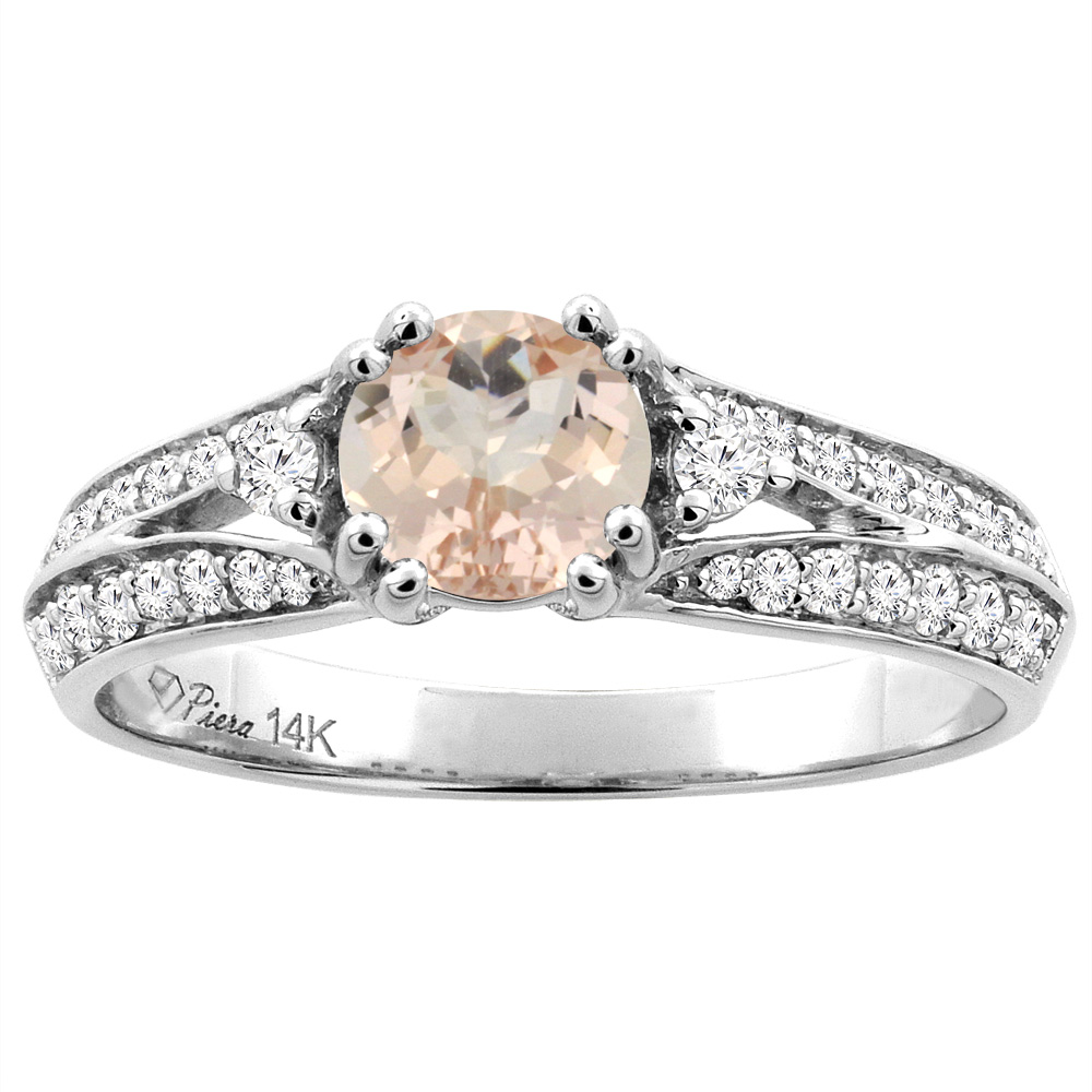 14K White Gold Natural Morganite Engagement Ring Round 6 mm & Diamond Accents, sizes 5 - 10