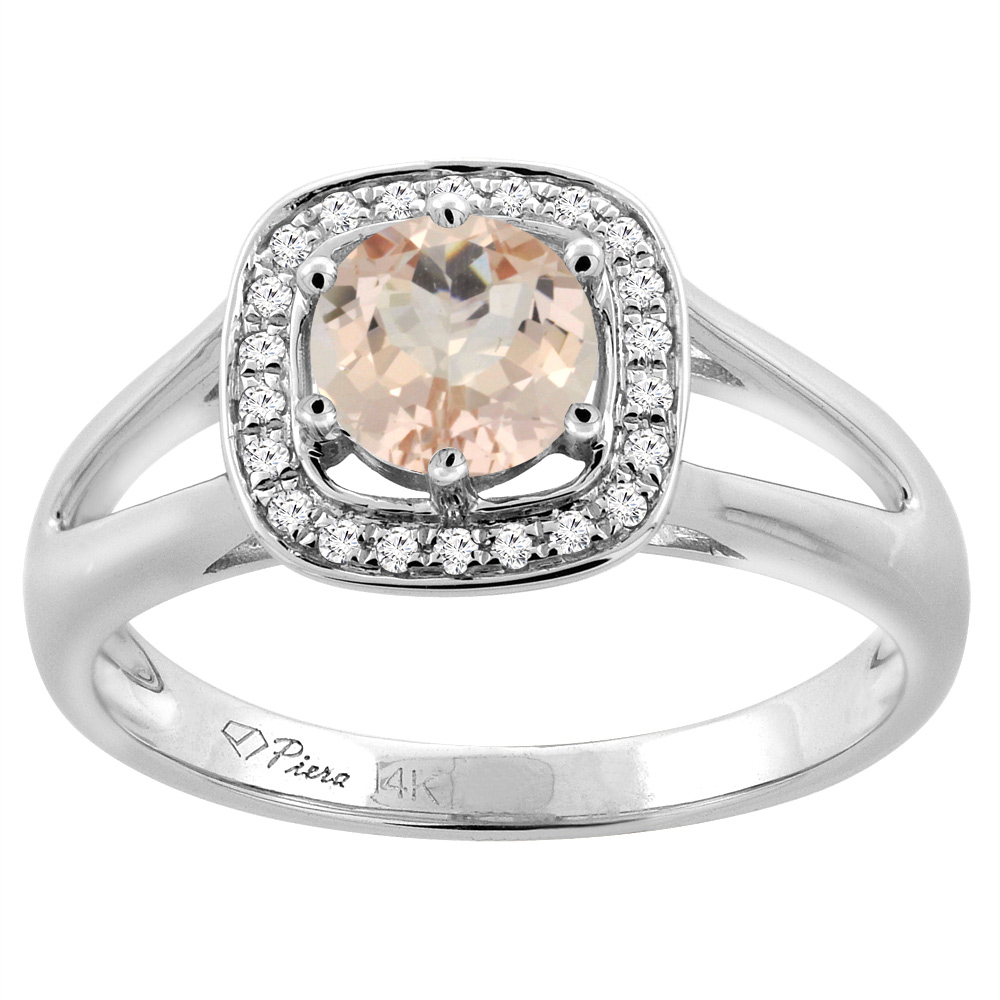 14K White Gold Natural Morganite Engagement Halo Ring Round 6 mm & Diamond Accents, sizes 5 - 10