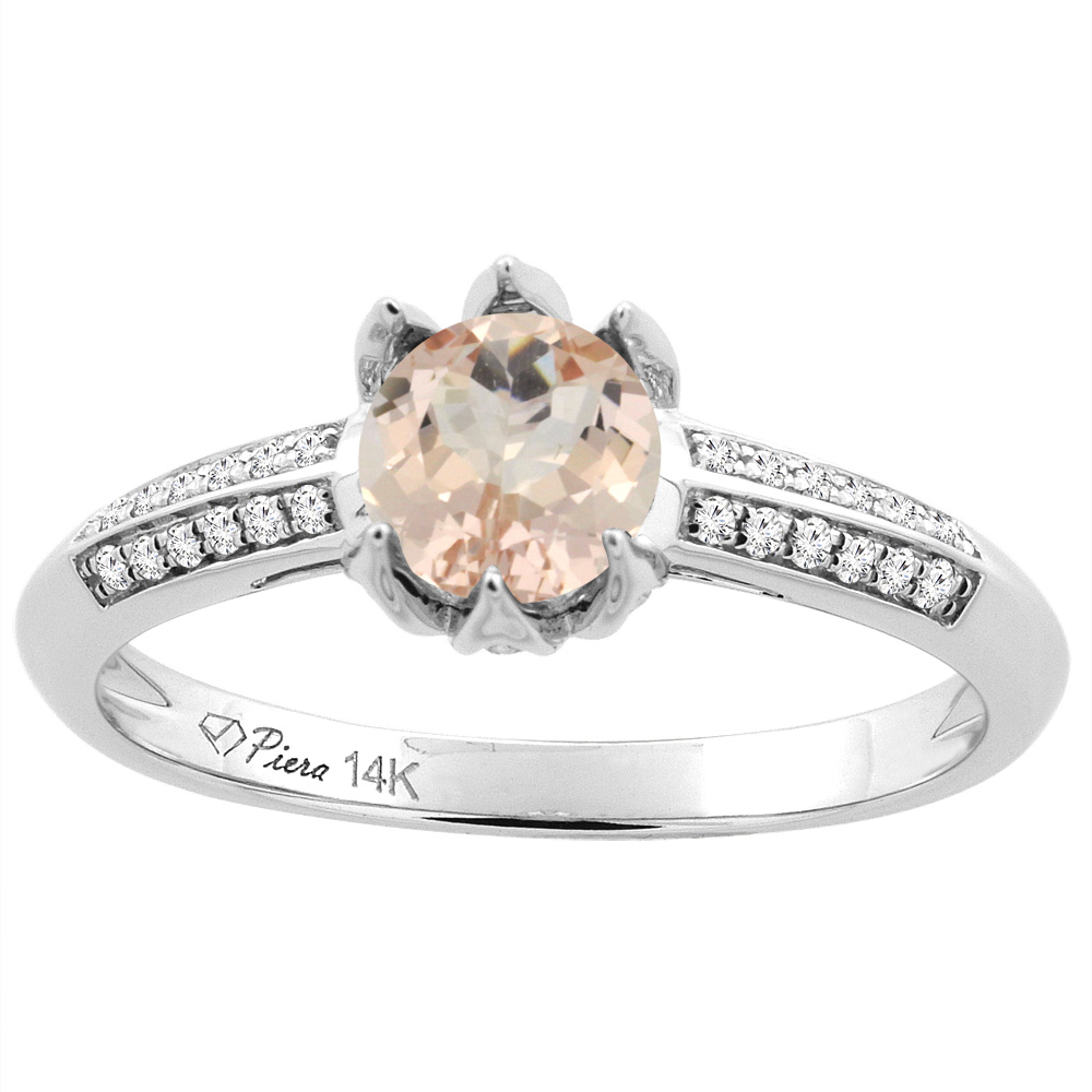 14K White Gold Natural Morganite Engagement Ring Round 6 mm & Diamond Accents, sizes 5 - 10