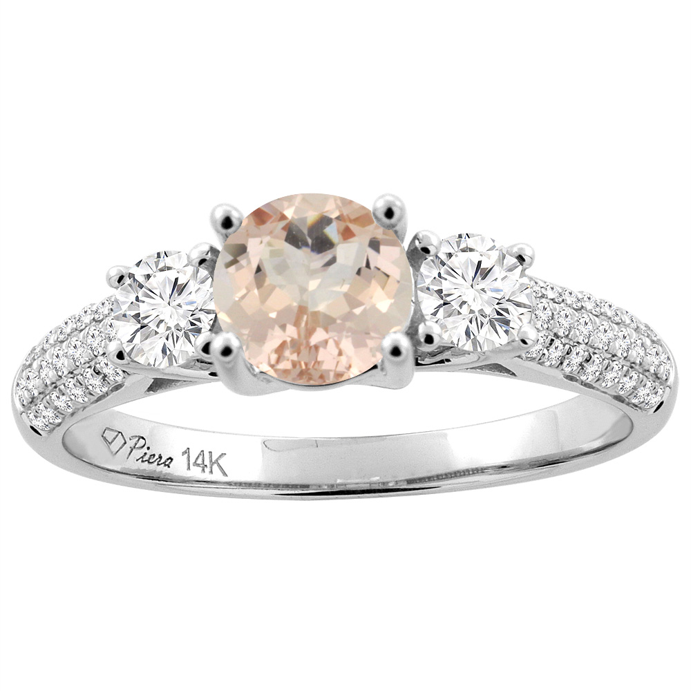 14K White Gold Natural Morganite Engagement Ring Round 6 mm &amp; Diamond Accents, sizes 5 - 10