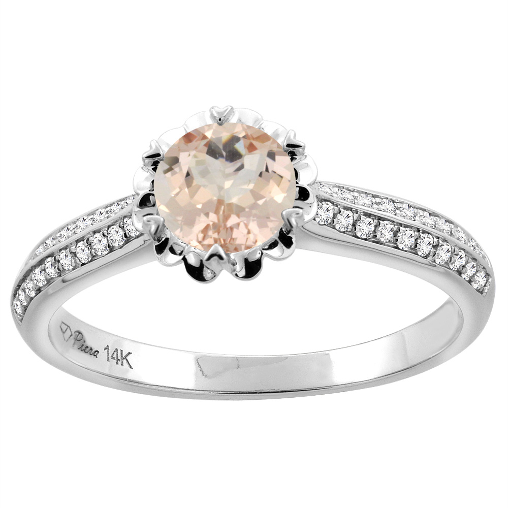 14K White Gold Natural Morganite Engagement Ring Round 6 mm & Diamond Accents, sizes 5 - 10