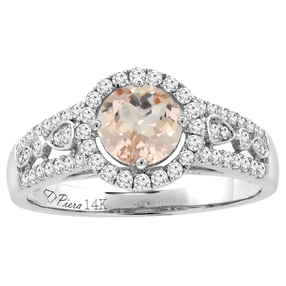 14K White Gold Diamond Natural Morganite Engagement Halo Ring Round 7 mm, sizes 5-10