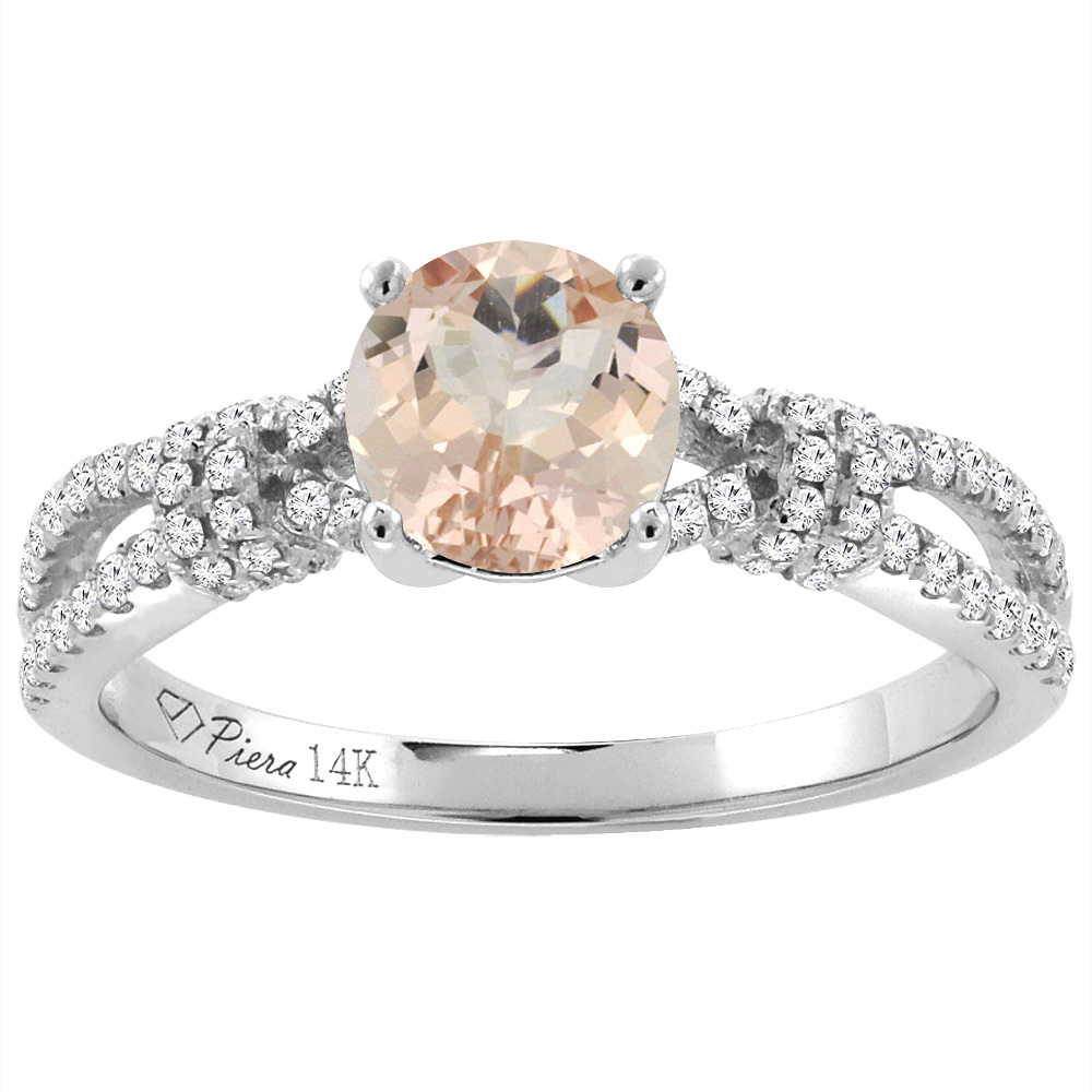 14K White Gold Diamond Natural Morganite Engagement Ring Round 7 mm, sizes 5-10