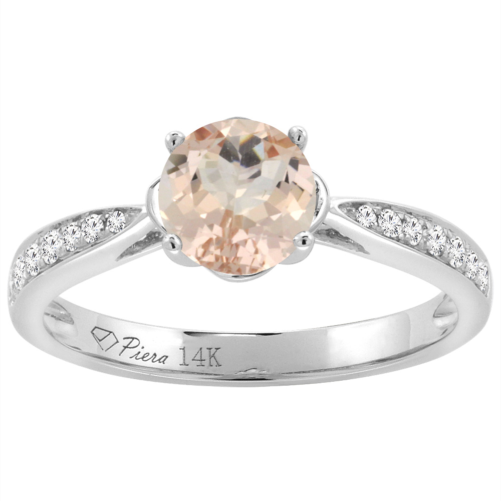 14K White Gold Diamond Natural Morganite Engagement Ring Round 7 mm, sizes 5-10