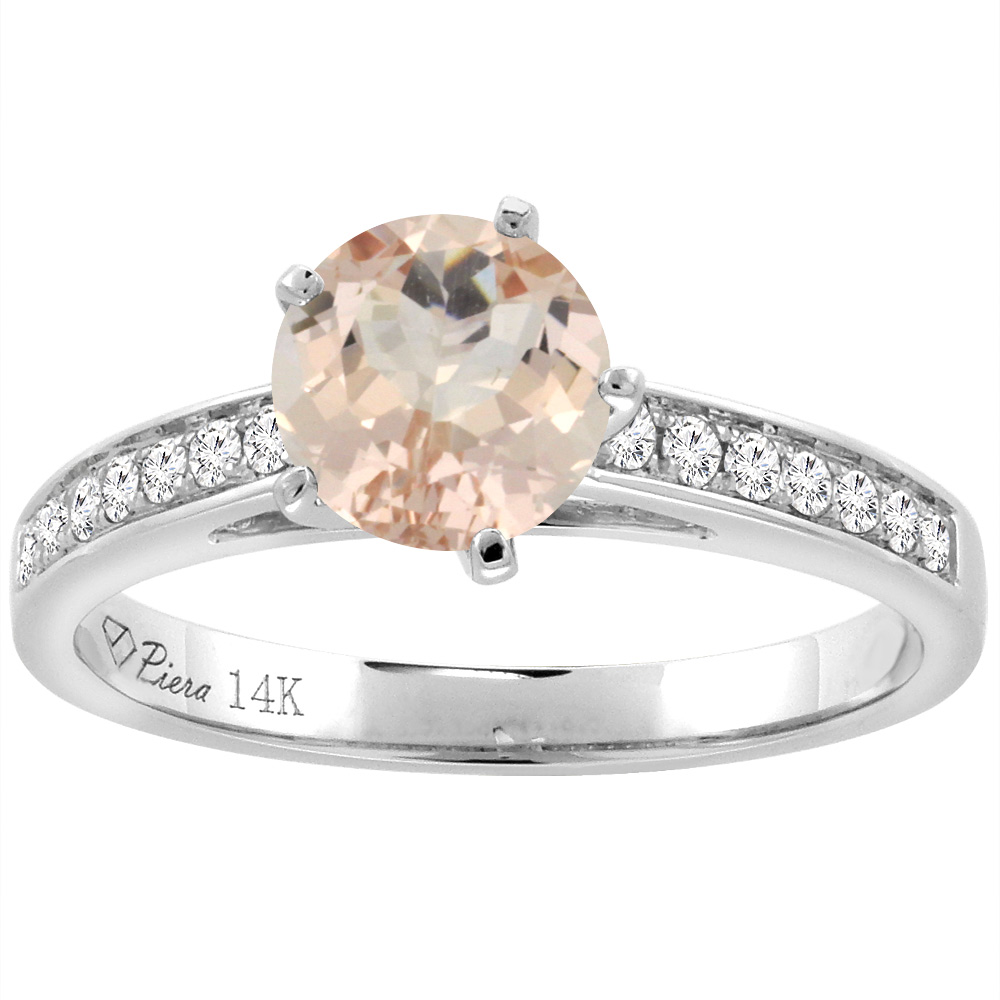 14K White Gold Diamond Natural Morganite Engagement Ring Round 7 mm, sizes 5-10