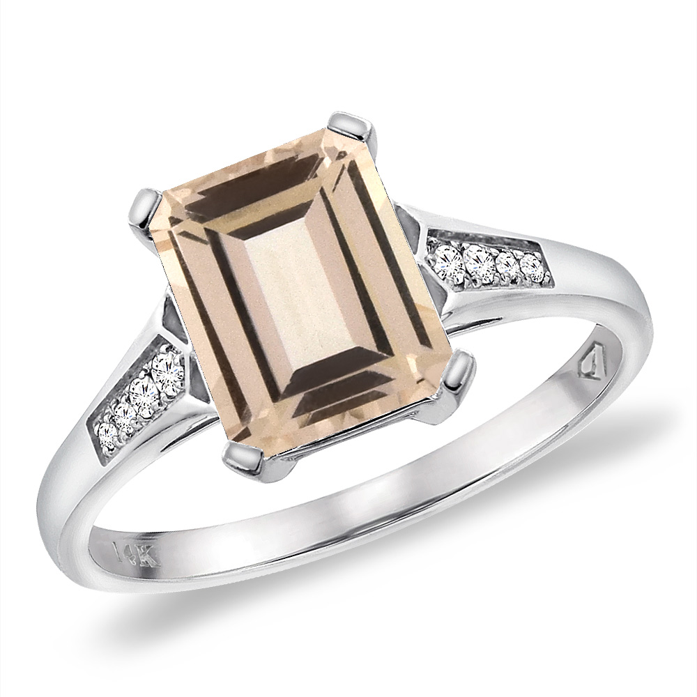 14K White Gold Natural Morganite Ring 9x7 mm Octagon with Diamond Accent, sizes 5 -10