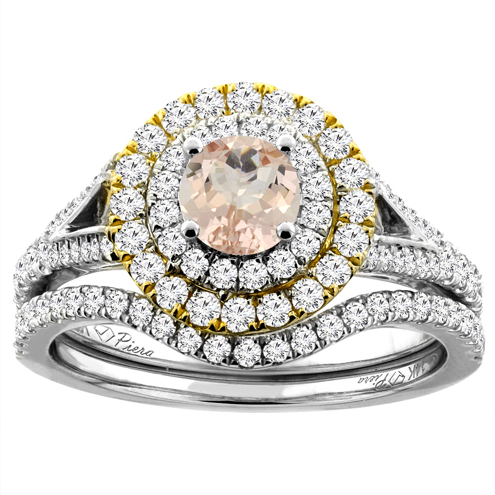 14K White Gold Diamond Natural Morganite Halo Engagement Bridal Ring Set Round 5 mm, sizes 5-10