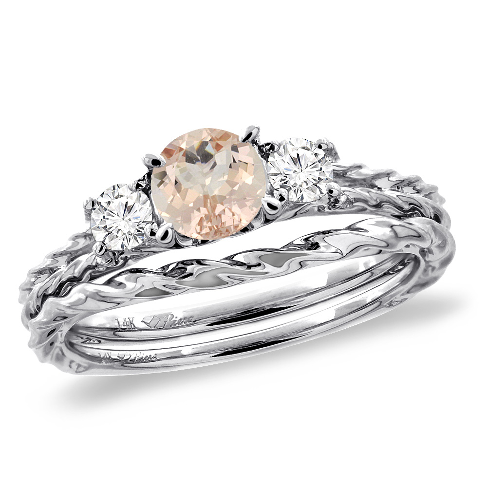 14K White Gold Diamond Natural Morganite 2pc Engagement Ring Set Round 6mm Twisted, sizes 5-10